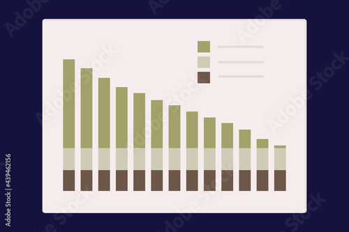 Decline graph. Downward trend. Dynamics and statistics of development,  process bad performance. Business analysis paper document,  poor efficiency, page, sheet, list. Vector illustration