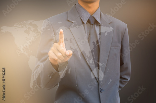 Business man select point with world map concept.