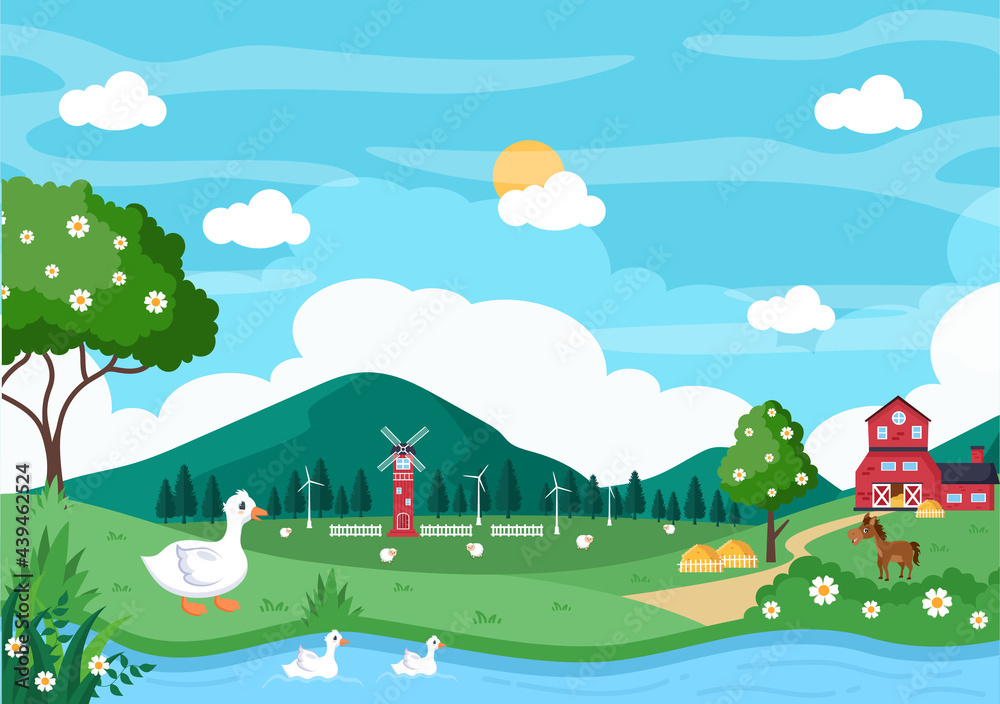 Cute Cartoon Farm Animals Vector Illustration With Cow, Horse, Chicken, Duck, or Sheep. For Postcard, Background, Wallpaper, and Poster