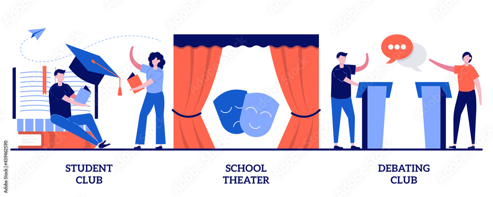 Student club, school theater, debating competition concept with tiny people. After-school activity vector illustration set. Public speaking, drama class, college campus event, communication metaphor - obrazy, fototapety, plakaty 
