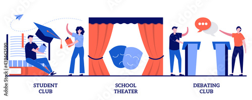 Student club, school theater, debating competition concept with tiny people. After-school activity vector illustration set. Public speaking, drama class, college campus event, communication metaphor