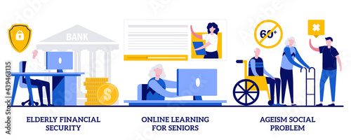 Elderly financial security, online learning for seniors, ageism social problem concept with tiny people. Older people lifestyle vector illustration set. Budget planning, free online program metaphor