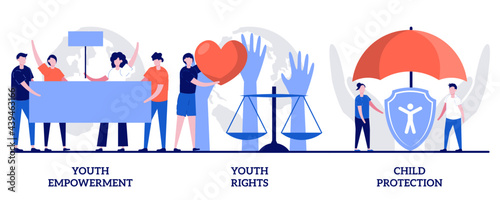 Youth empowerment and rights, child protection concept with tiny people. Young people rights protection vector illustration set. Take action, improve life quality, involvement, voting age metaphor