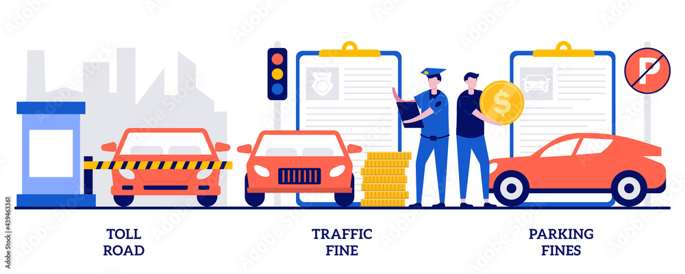 Fototapeta premium Toll road, traffic and parking fine concept with tiny people. Driving rules violation vector illustration set. Tollway fee, speeding ticket, no parking zone, penalty notice, pass card metaphor