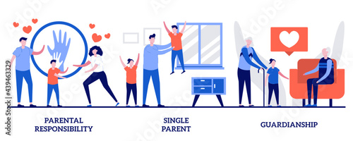 Parental responsibility, single parent, guardianship concept with tiny people. Child custody vector illustration set. Social roles, child care, foster parenting, legal guardian authority metaphor