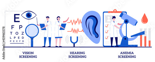 Vision, hearing and anemia screening concept with tiny people. Pediatric checkup abstract vector illustration set. Vision test, ear problem, iron deficiency lab test, disability diagnosis metaphor