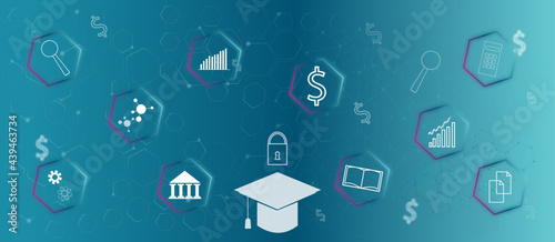 Banner Financial education. Futuristic Interface with Graduation Hat and Graduate Student Loan Icon. 