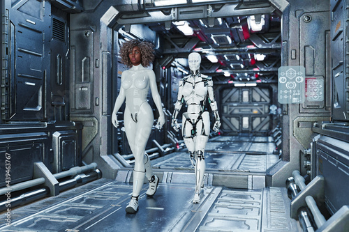 Futuristic african american woman walking in corridor with robot companion photo