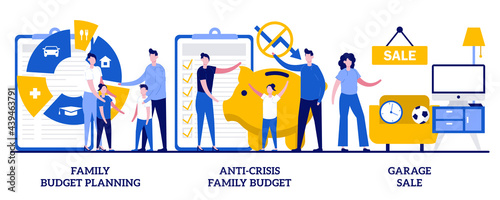 Family budget planning, anti-crisis family budget, garage sale concept with tiny people. Economic decision vector illustration set. Family income, budget saving, flea market, second hand metaphor