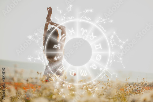 Fototapeta Naklejka Na Ścianę i Meble -  Beautiful girl in summer dress walks in a flower field and illustration horoscope