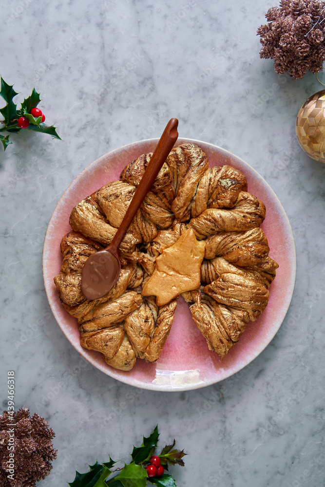 Festive Christmas pastry with chocolate sauce Festive Christmas pastry with chocolate sauce