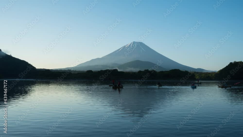 Timelapse view of Mount Fuji at sunrise from lake Shoji, Yamanashi Prefecture, Japan Timelapse view of Mount Fuji at sunrise from lake Shoji, Yamanashi Prefecture, Japan