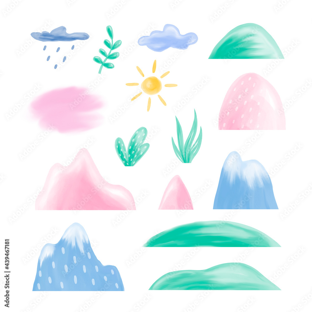 Watercolor childrens illustration with landscape, plants  in the mountains, clouds, sun, rain. Pastel gentle colors. Set of elements design for decoration nursery room, invitation, postcard,  summer