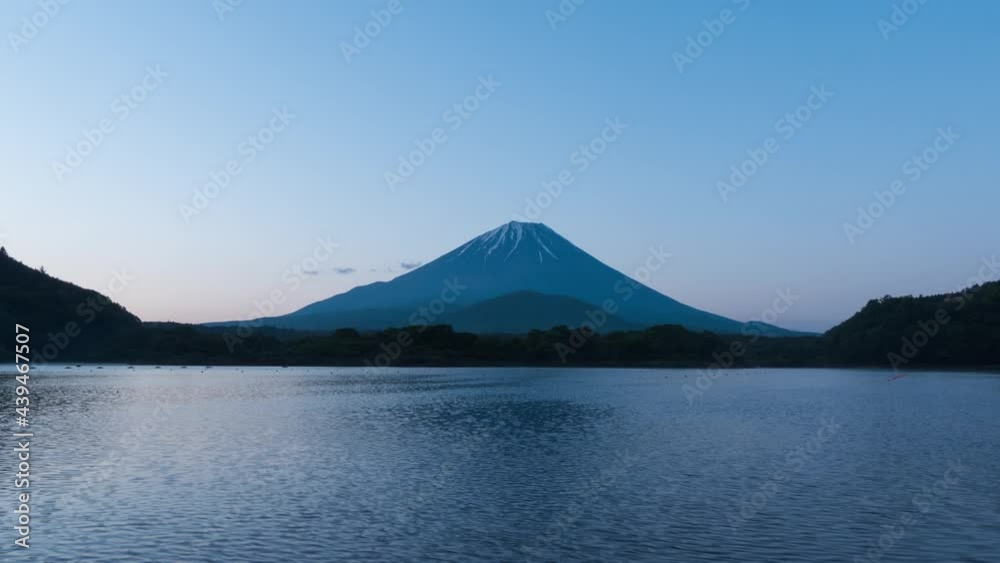 Timelapse view of Mount Fuji at sunrise from lake Shoji, Yamanashi Prefecture, Japan Timelapse view of Mount Fuji at sunrise from lake Shoji, Yamanashi Prefecture, Japan