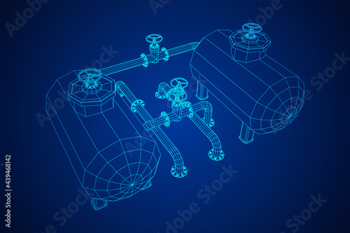 Oil tank storage of flammable materials and pipeline with valve. Finance economy polygonal petrol production. Petroleum fuel industry transportation line. Wireframe low poly mesh vector illustration.