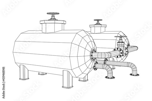 Oil tank storage of flammable materials and pipeline with valve. Finance economy polygonal petrol production. Petroleum fuel industry transportation line. Wireframe low poly mesh vector illustration.