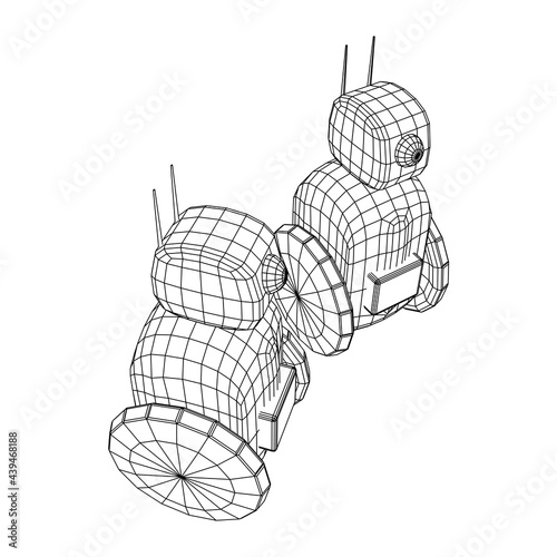 Robot Promoter LCD Screen on two wheels. Ad promo bot. Wireframe low poly mesh vector illustration