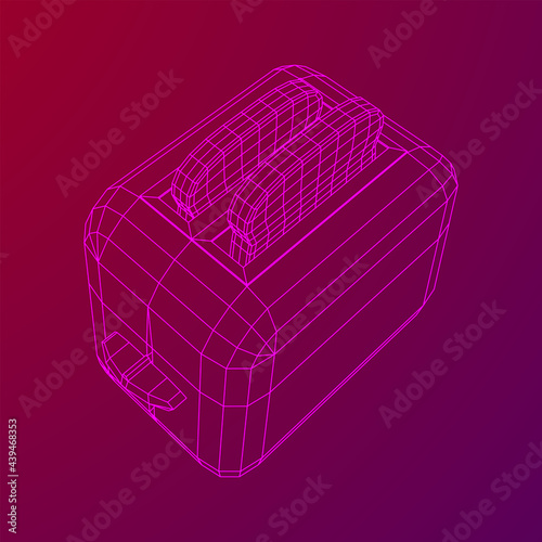 Toaster with two fried pieces of loaf prepared for a breakfast. Wireframe low poly mesh vector illustration.