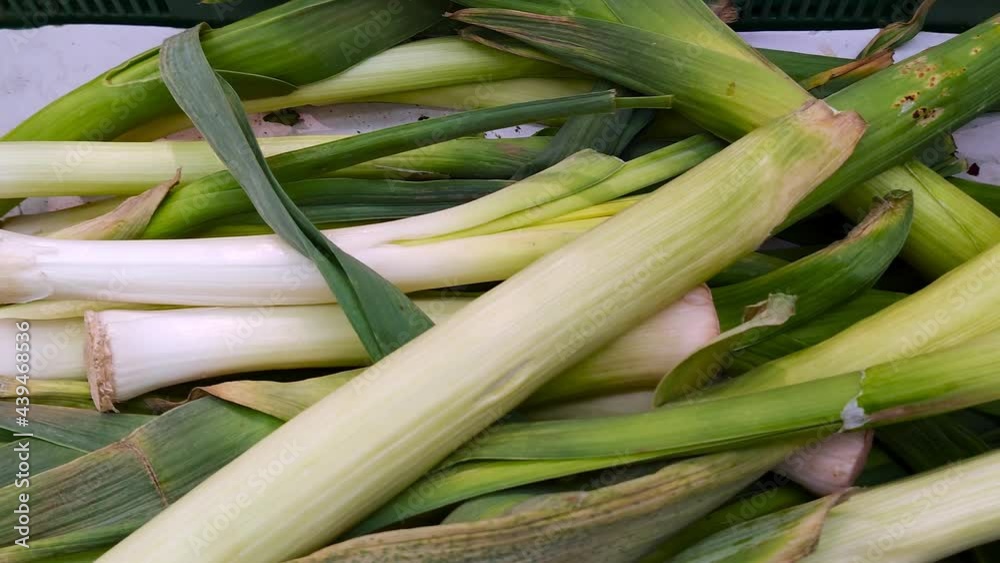 Stack of leek in grocery store. Industry of selling products Stack of leek in grocery store. Industry of selling products