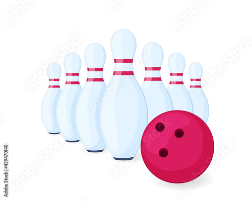 Set of bowling pins and ball in cartoon style. Isolated on white background. Vector illustration
