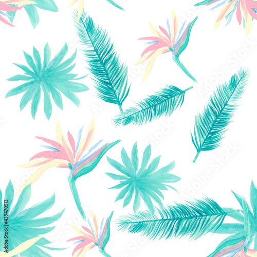 Cobalt Pattern Foliage. Blue Seamless Nature. Navy Tropical Textile. White Flower Plant. Azure Floral Botanical. Wallpaper Painting. Decoration Foliage.