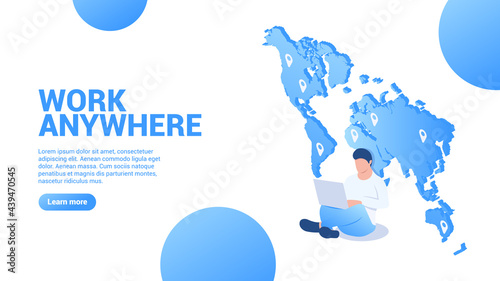 Work anywhere. Concept of distance job, freelance, work from home. Man with laptop on the background of the world map. Vector illustration in isometric style. Isolated on white background.