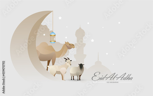 Eid Al Adha Celebration of Muslim holiday the sacrifice a camel, sheep and goat, can use for, landing page, template, ui, web, mobile app, poster, banner, flyer, background photo