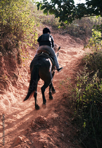 Asian little girl playing on horseback in the wild horse farm photo