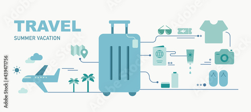 Vacation travel icon illustration. Wide horizontal banner infographic concept poster.