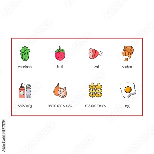item icon in game. vegetable icon. fruit icon. meat icon. seafood icon. seasoning icon. spices and herbs icon. rice and beans icon. egg icon. set of  food icons on retro games 8 bit.