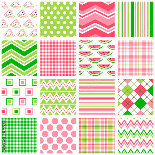 Watermelon seamless pattern set. Repeating patterns for fabric, apparel, backgrounds, scrapbook paper, gift wrap and more. Summer decoration. Pink and green.