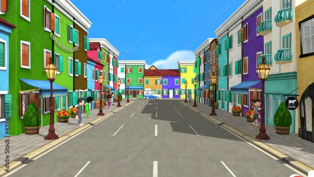ANIMATION - 3D graphics of city street, houses, people, trucks, forward movement