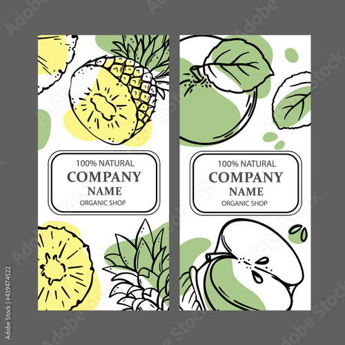 PINEAPPLE APPLE LABELS Design Of Stickers For Shop Of Tropical Organic Natural Fresh Juicy Fruits And Dessert Drinks In Sketch Style Vector Illustration Set