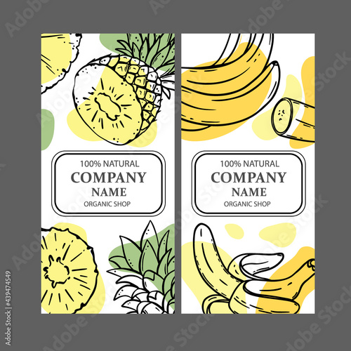 PINEAPPLE BANANA LABELS Design Of Stickers For Shop Of Tropical Organic Natural Fresh Juicy Fruits And Dessert Drinks In Sketch Style Vector Illustration Set