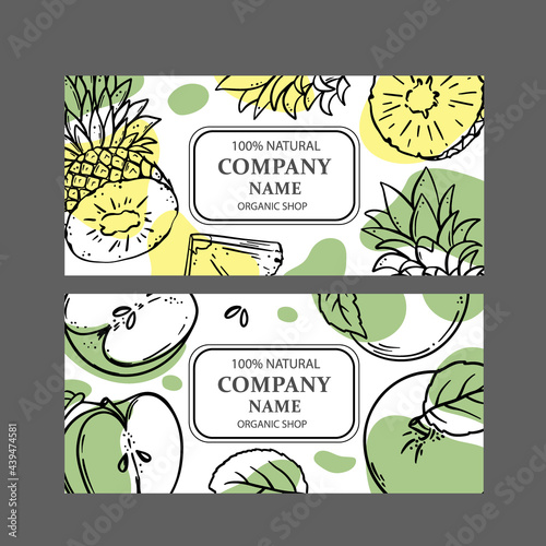 PINEAPPLE GREEN APPLE LABELS Design Of Stickers For Shop Of Tropical Organic Natural Fresh Juicy Fruits And Dessert Drinks In Sketch Style Vector Illustration Set