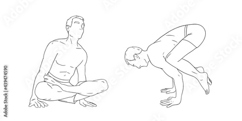Yogi men in handstand rooster and craw or crane poses. Yoga hand stand for strength improvement. Sketch vector illustration isolated in white background