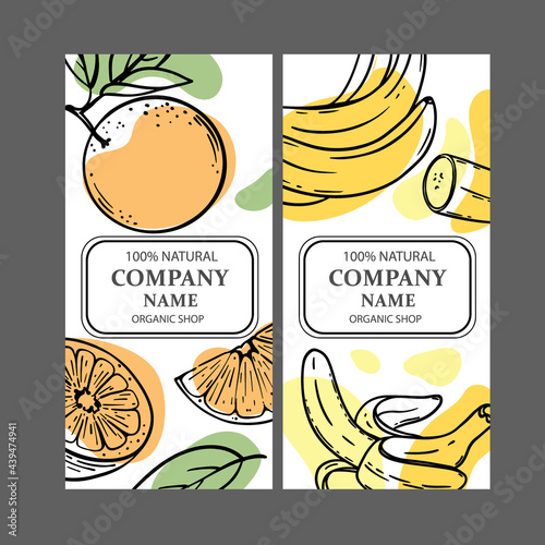 ORANGE BANANA LABELS Design Of Stickers For Shop Of Tropical Organic Natural Fresh Juicy Fruits And Dessert Drinks In Sketch Style Vector Illustration Set