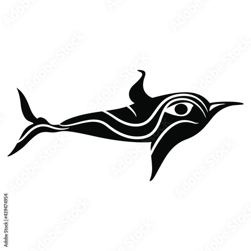 Stylized funny dolphin or fish. Ancient Greek vase painting animal motif from Cyclades. Black and white silhouette. photo