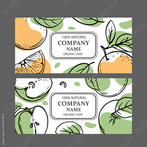 ORANGE GREEN APPLE LABELS Design Of Stickers For Shop Of Tropical Organic Natural Fresh Juicy Fruits And Dessert Drinks In Sketch Style Vector Illustration Set