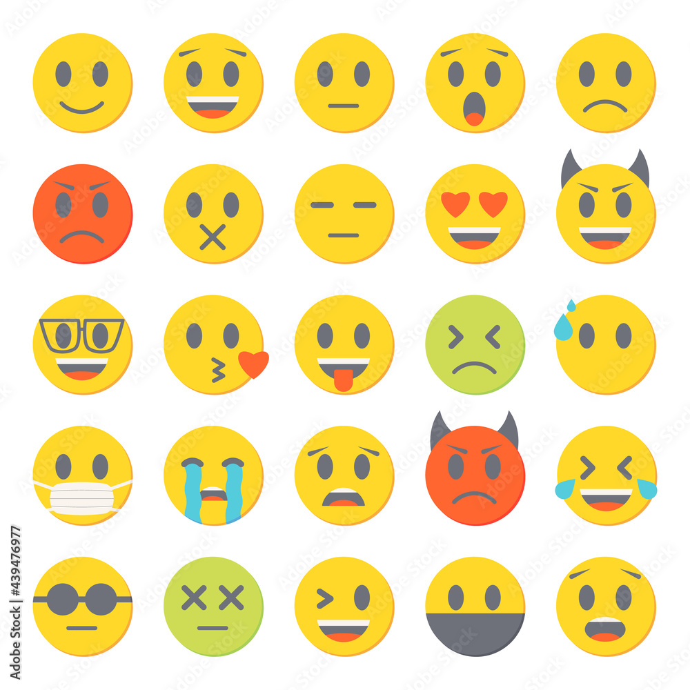 Emoticons vector icons set. Flat emoji collection. Yellow funny emotion icons happy, laughing and crying isolated on white background. Emoticons vector icons set. Flat emoji collection. Yellow funny emotion icons happy, laughing and crying isolated on white background.