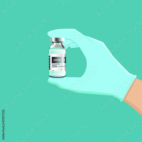 The hand of a medical researcher on a green medical glove holding a vaccine bottle Weed-19 in hand image vector illustration