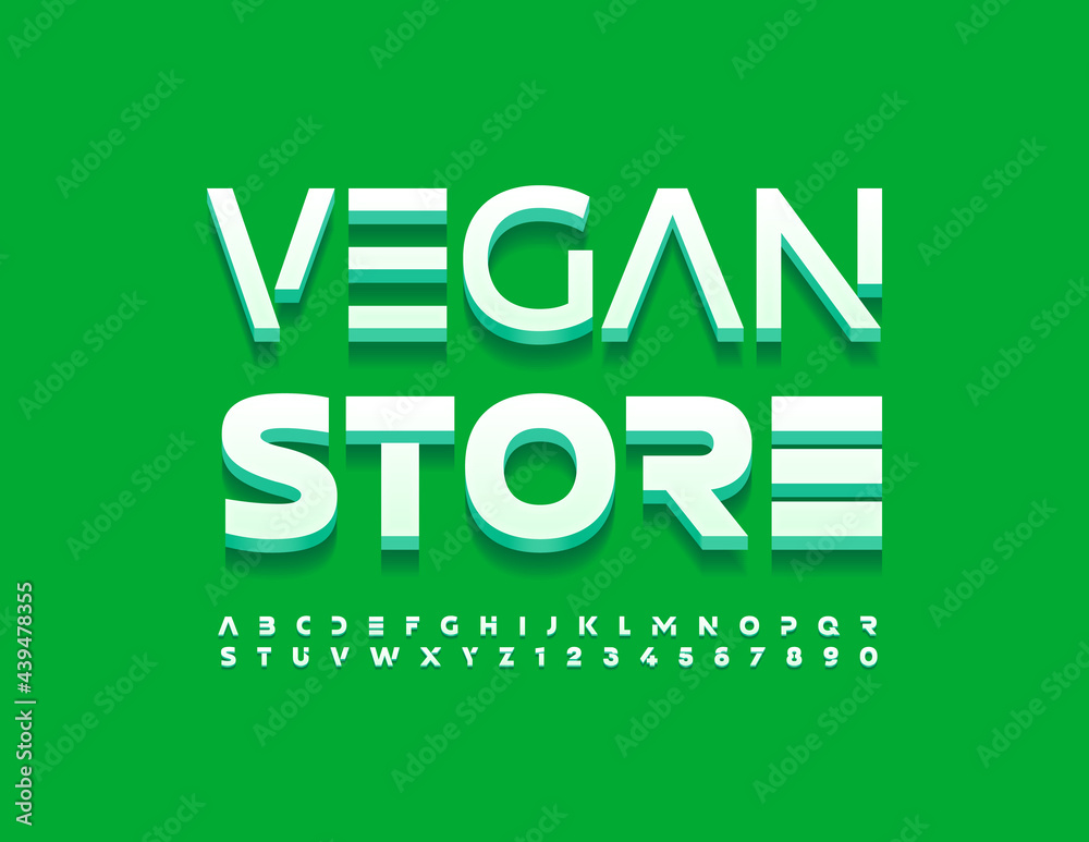 Vector stylish Sign Vegant Store. 3D Modern Font. Artistic Alphabet Letters and Numbers