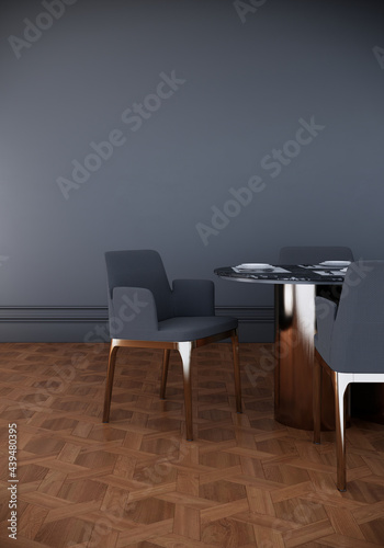 modern luxury dinning room interior design with chairs and dining table. wooden floor and gray wall, 3d rendering vertical background