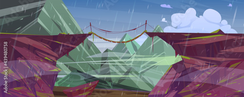 Mountain landscape with suspension bridge over precipice and rain. Vector cartoon illustration of high rocks and wooden rope bridge over abyss between cliffs at rainy weather