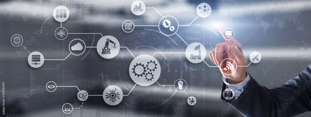 Process Technology Automation. Gear mechanism and circuit board on office and city background Process Technology Automation. Gear mechanism and circuit board on office and city background