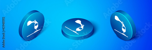 Isometric Wine tasting, degustation icon isolated on blue background. Sommelier. Smells of wine. Blue circle button. Vector