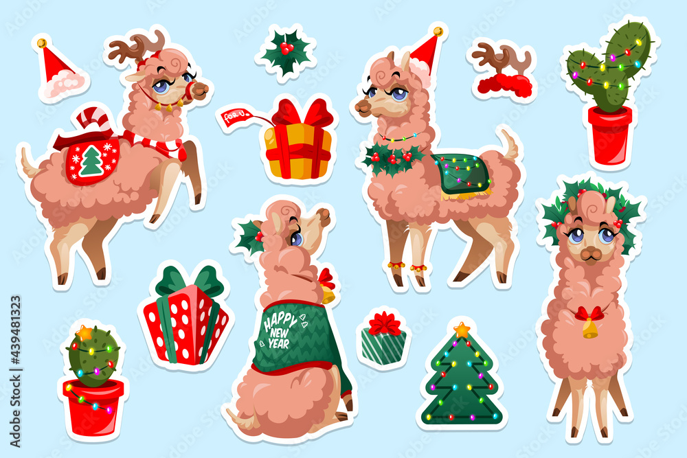 Fototapeta premium Set of stickers with New Year Llama, vicuna Peru animal. Christmas alpaca cartoon character. Mexican Lama mascot with cute face wear xmas festive clothes, garland and gift box isolated cut out patches