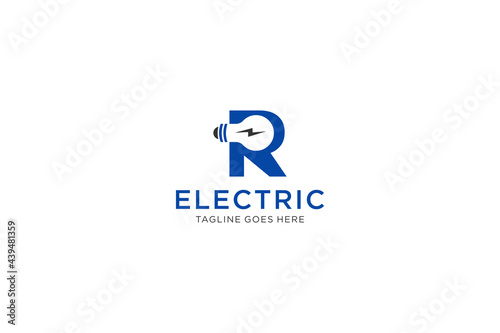 R Letter Logo Design With Light bulb and lightning bolt. Electric Bolt Letter Logo.