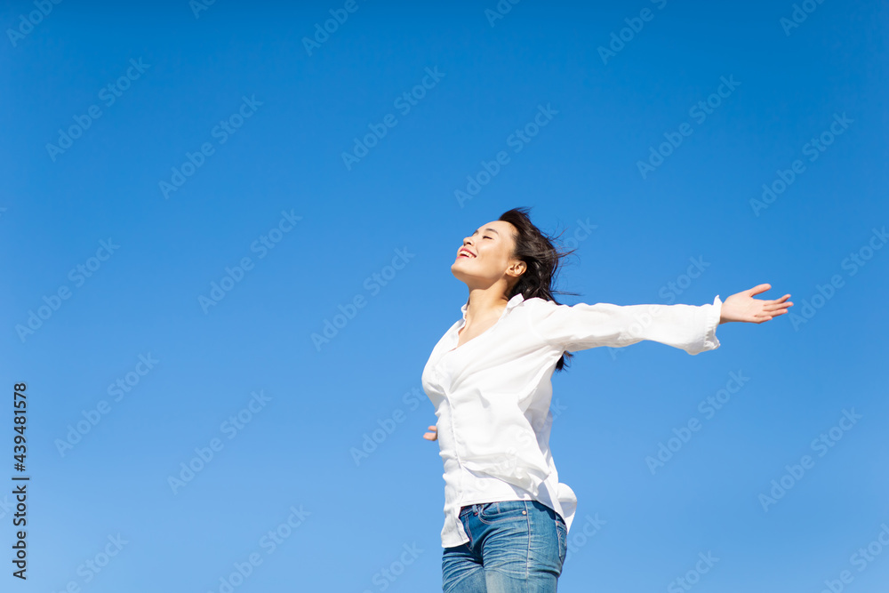 asian Woman Cheering Open Arms