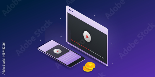 Digital video production and video advertising campaign cost for business. earning money with digital Video monetization, cost per view, isometric design concept.